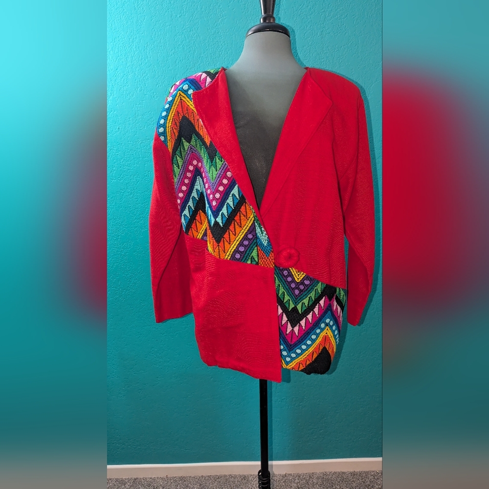 Vibrant Red Cardigan with Multicolor Chevron Pattern